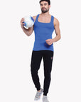 Zoiro Men's Cotton Sports Gym Vest (Pack 2) - Dark Denim Jaspe + Sky Diver