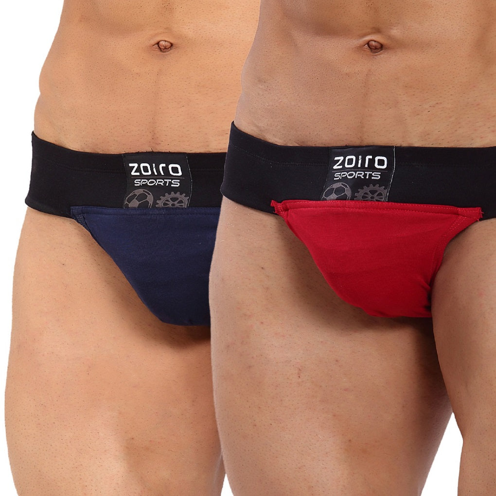 Zoiro Men&#39;s Cotton Sports Gym Supporter Brief (Pack of 2) Chinese Red + Navy