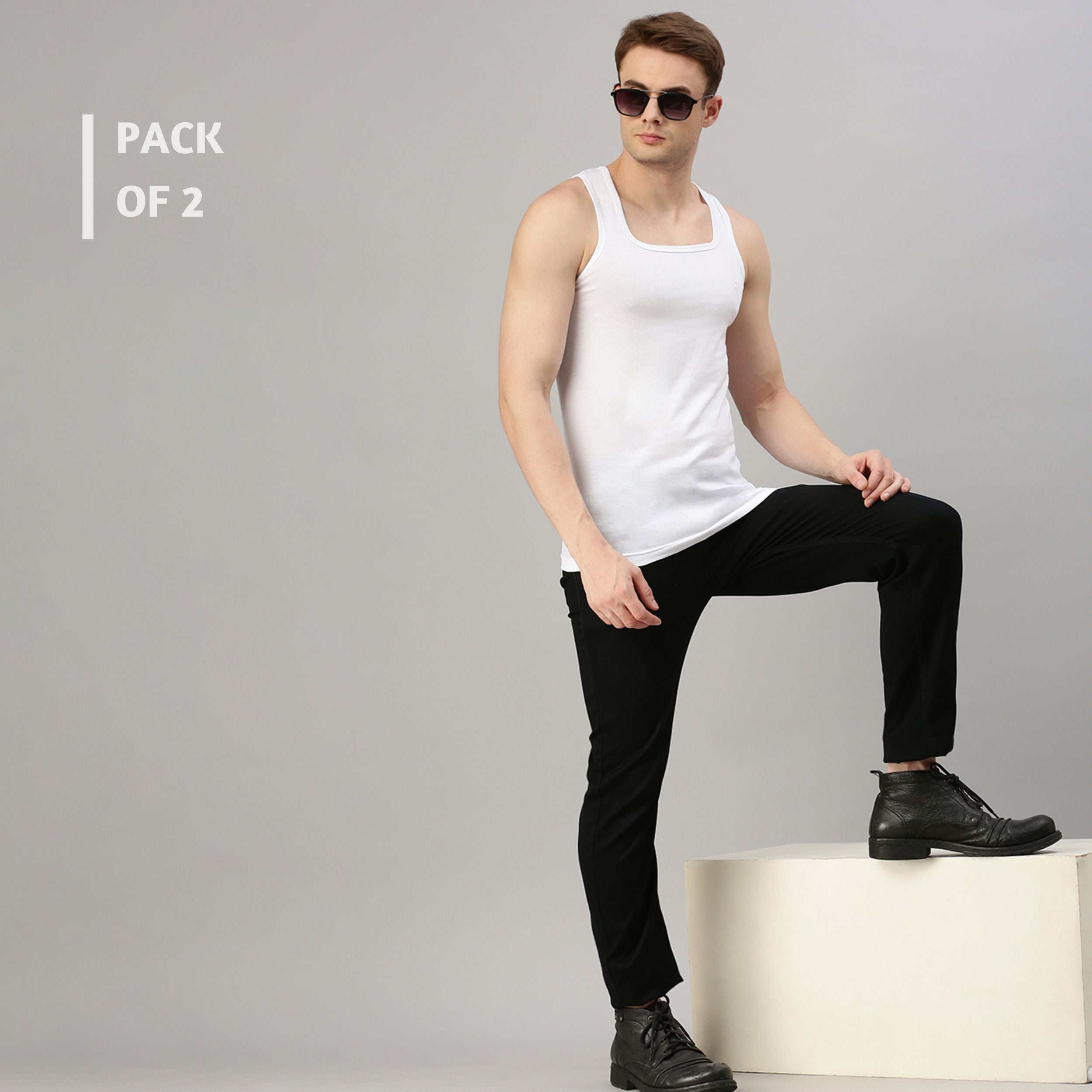 Zoiro Men&#39;s Cotton Square Neck Soft Classics Vest (Pack 2) - White