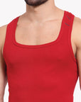 Zoiro Men's Cotton Sports Vest (Pack of 2) Chinese Red + Dark Denim Jaspe